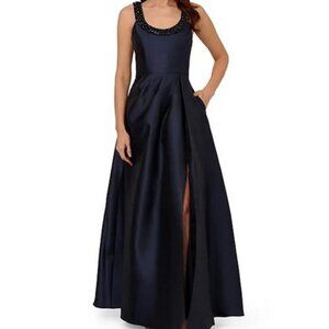 Adrianna Papell Navy Blue Beaded Neck Side Drape Mikado Gown